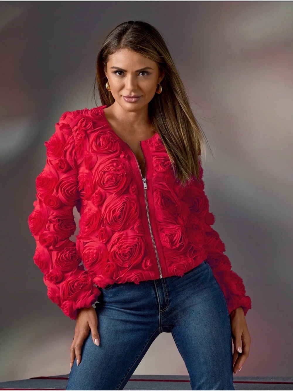 Boston Proper Red Floral Appliqué Zip Jacket